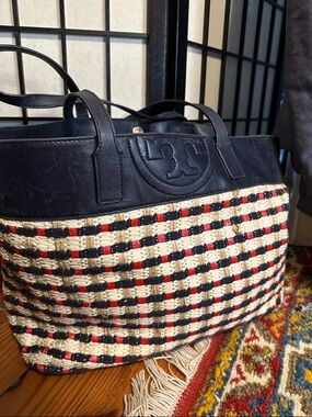 Tory Burch Navy Leather and Rafia Straw Woven Tote